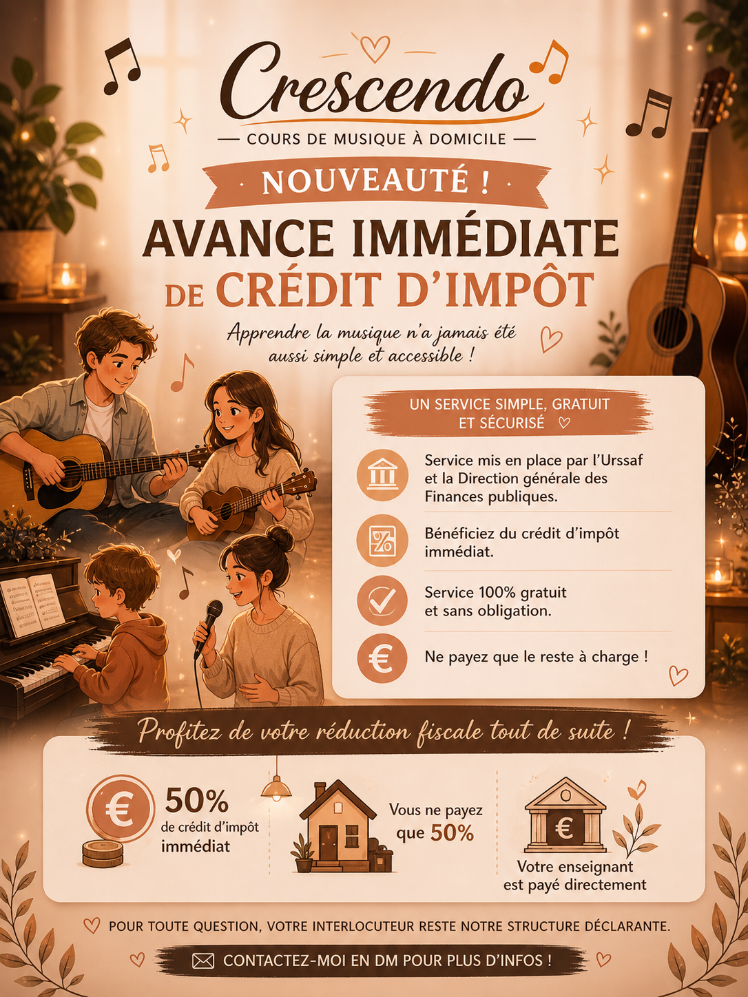Cours de musique à domicile avec tarifs avantageux grâce à l'avance immédiate Urssaf